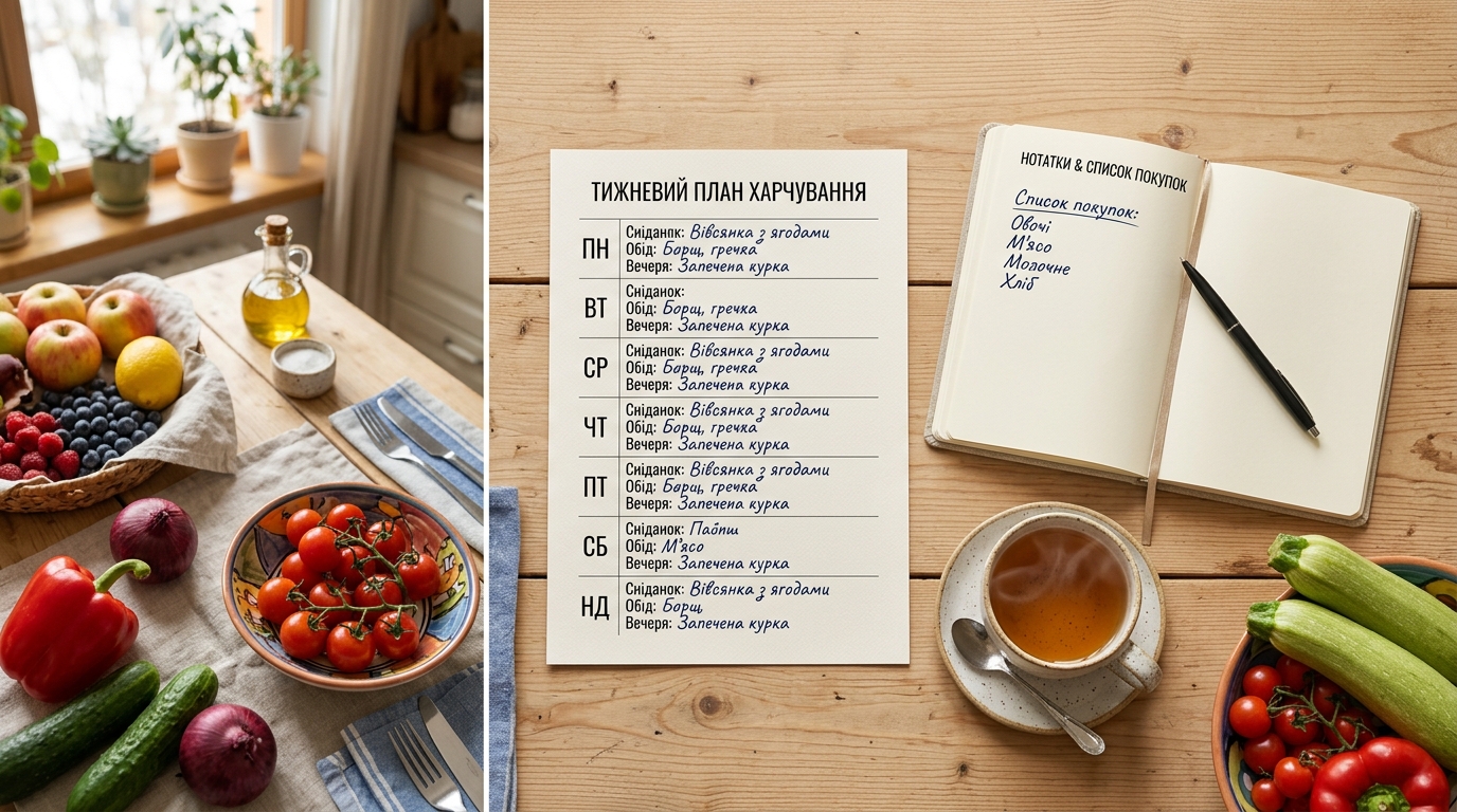 Тижневе меню та продукти на світлому кухонному столі